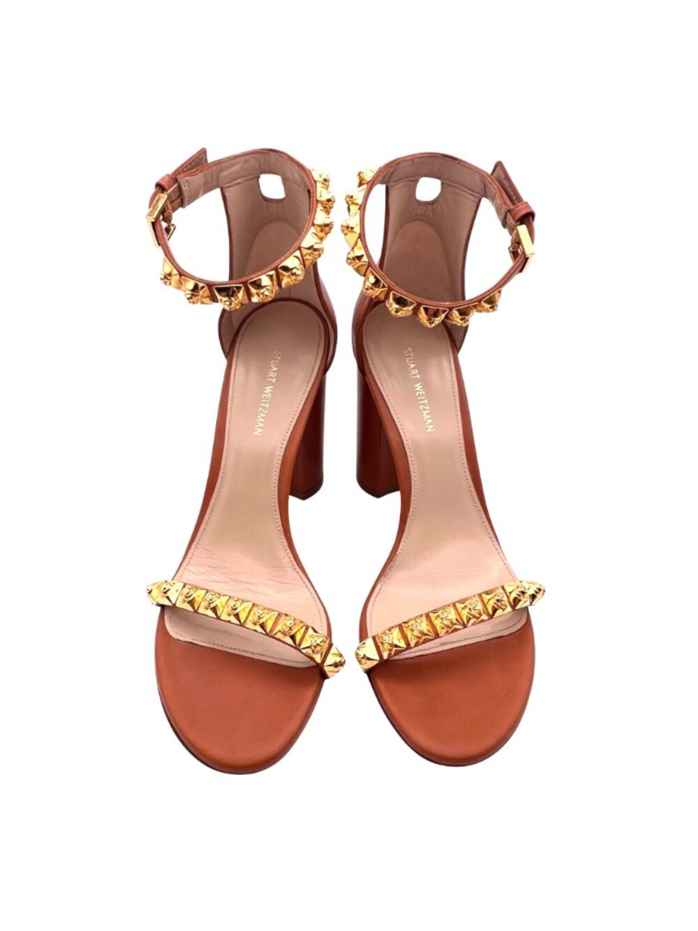 Stuart Weitzman Rosemarie Cognac Gold Stud Block Heels Ankle Strap 7.5B Spain - Picture 4 of 16